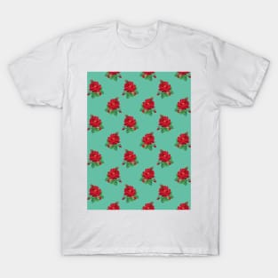 Red vintage roses on aqua T-Shirt